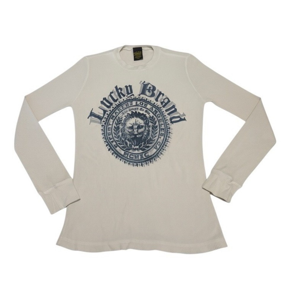 Lucky Brand Mens Small Thermal Long Sleeve Shirt Cream Waffle Knit Lion Graphic